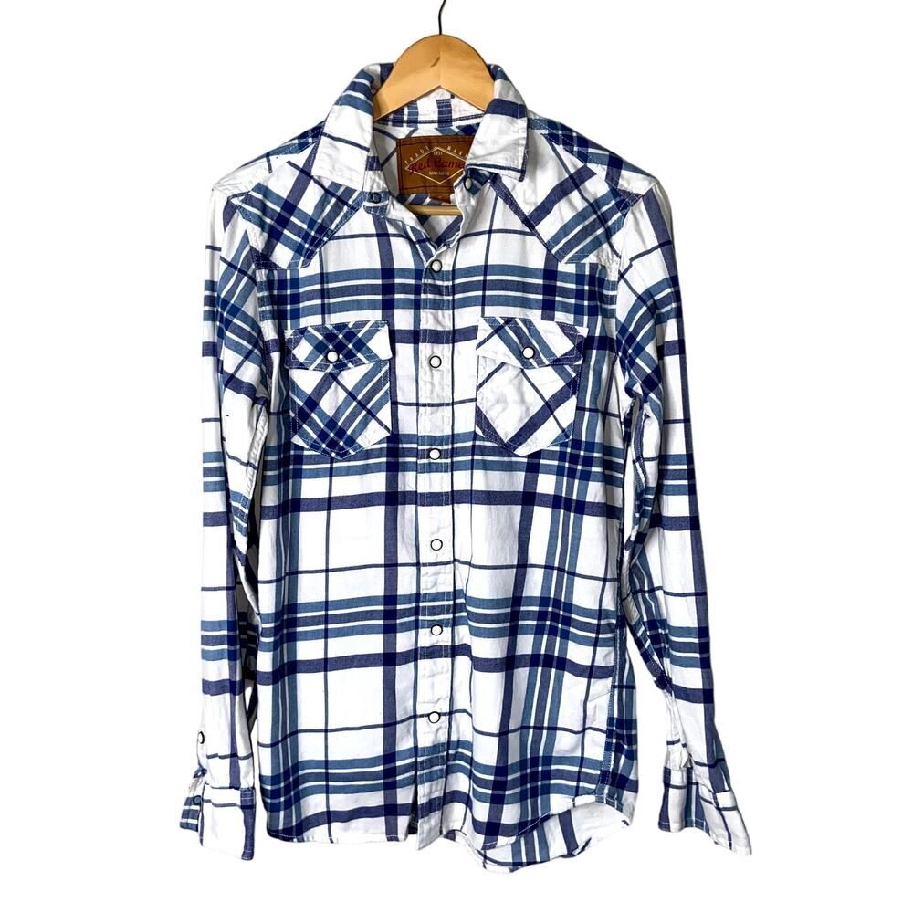 Red Camel Shirt Men Small Plaid Pearl Snap Button Blue White 100% Cotton !